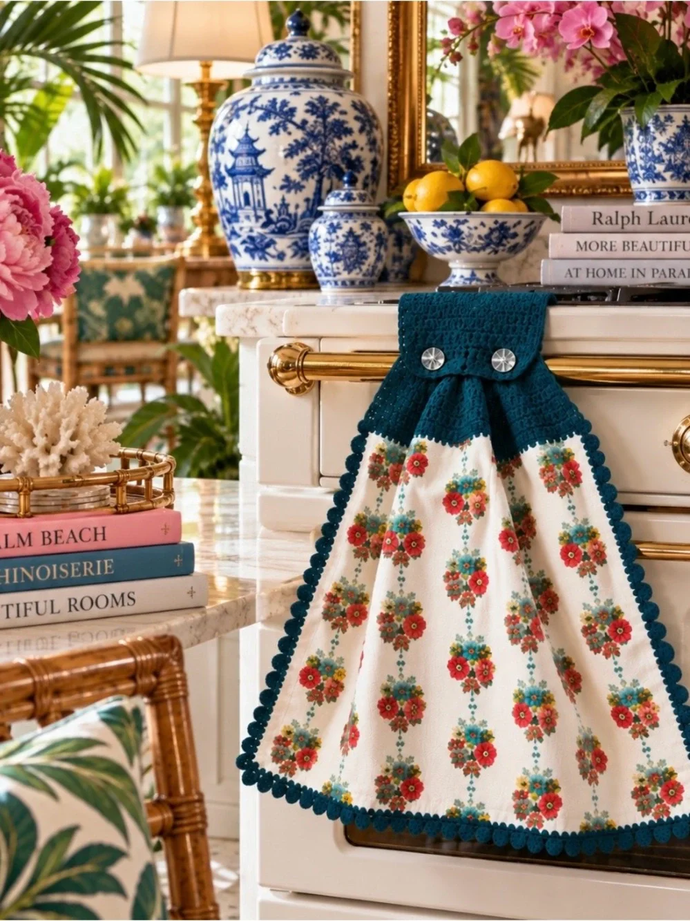 The Pioneer Woman Teal Crochet-Trim Floral Kitchen Towel